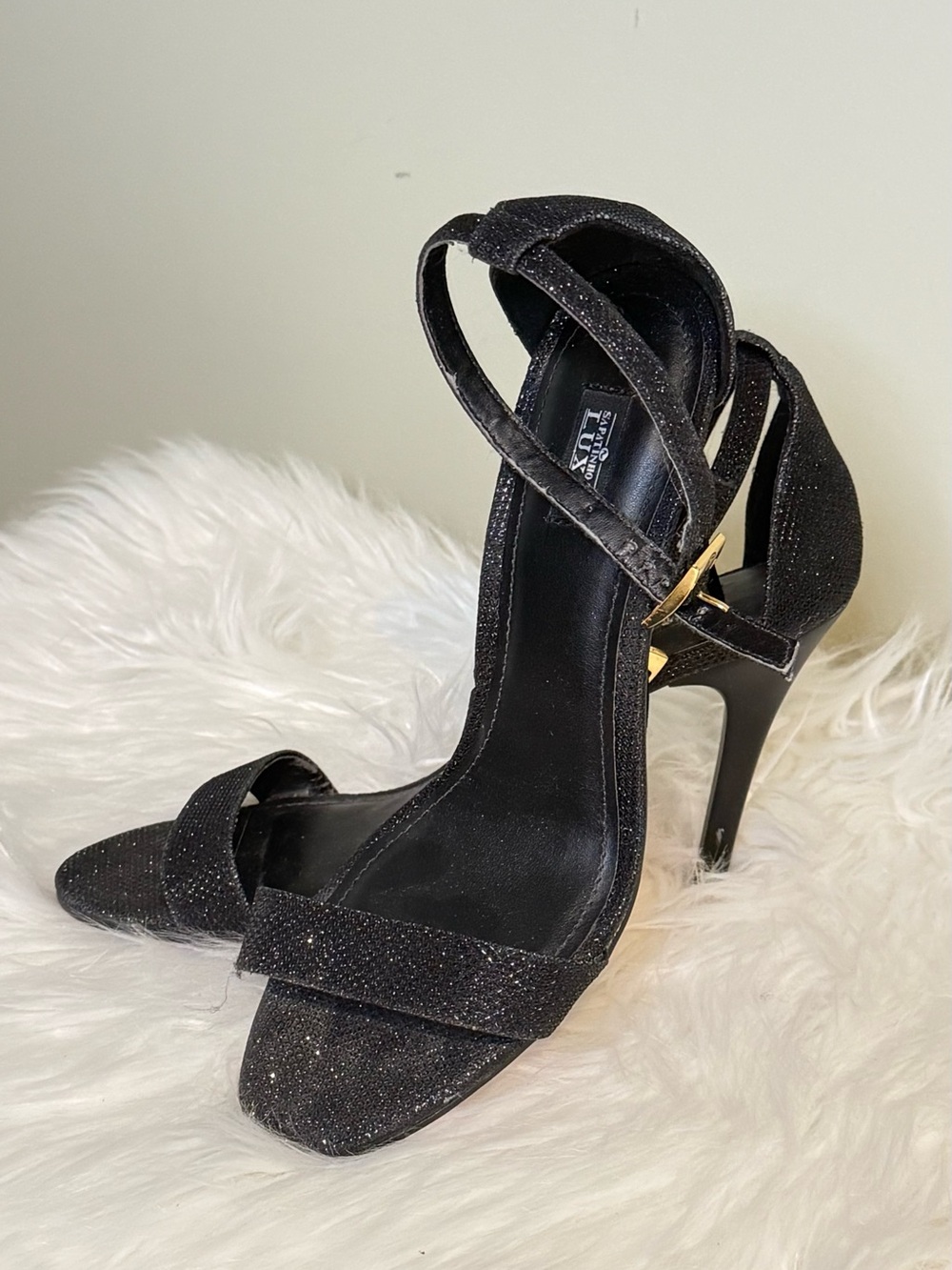 Lux Black Glitter Strappy Stiletto Heels with Gold Buckle Accent